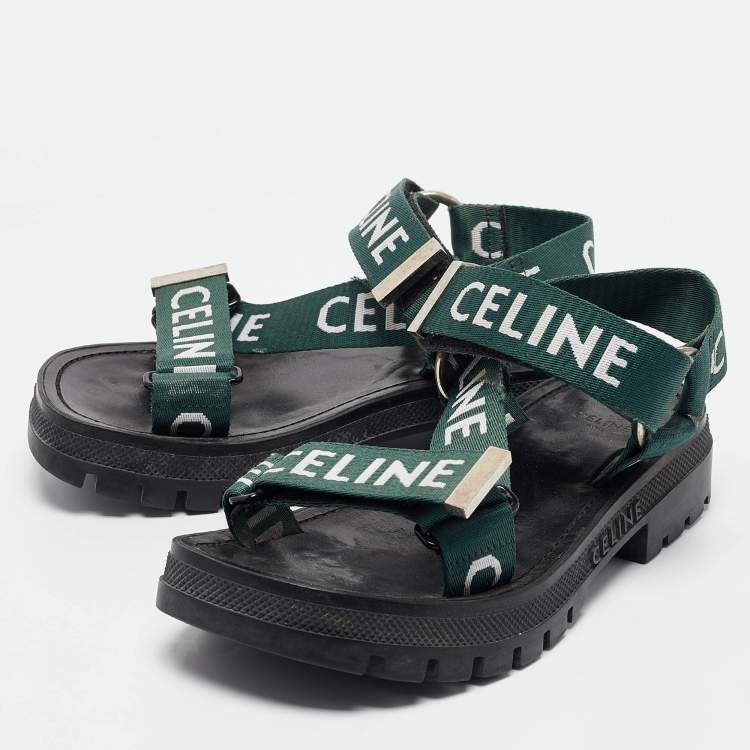 Pre Owned Celine Green Canvas Leo Ankle Strap Sandals Size 36