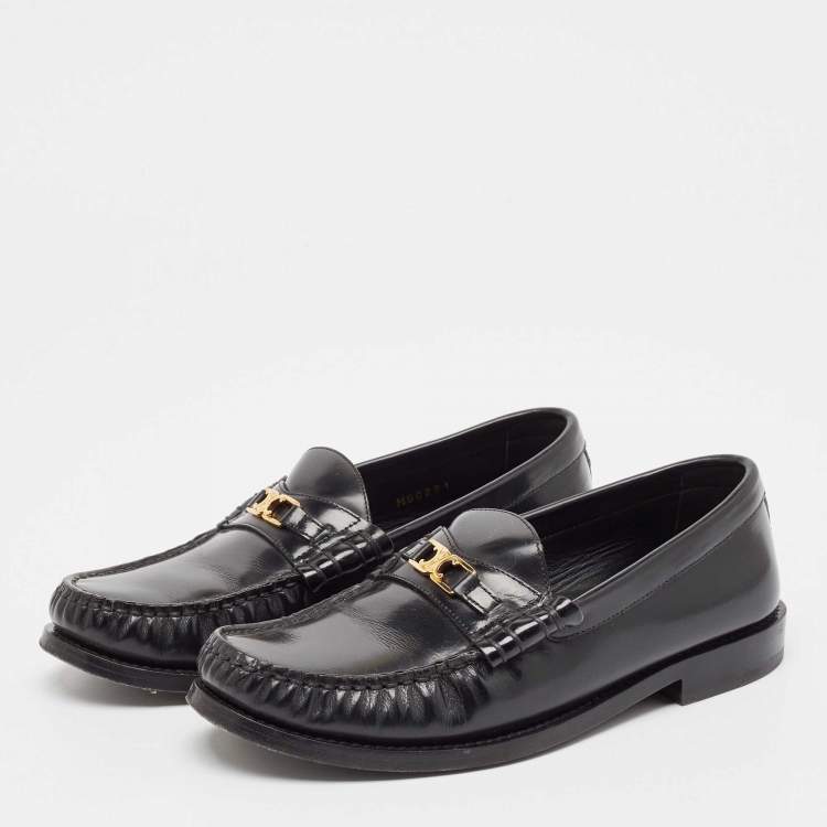 Pre Owned Celine Black Leather Luco Triomphe Chain Loafers Size 36