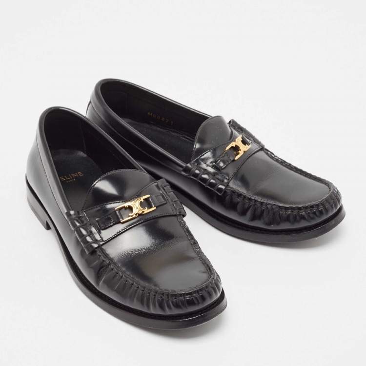Pre Owned Celine Black Leather Luco Triomphe Chain Loafers Size 36