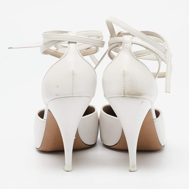 Pre Owned Celine White Leather Night Out T-Strap Ankle Wrap Pumps Size 36