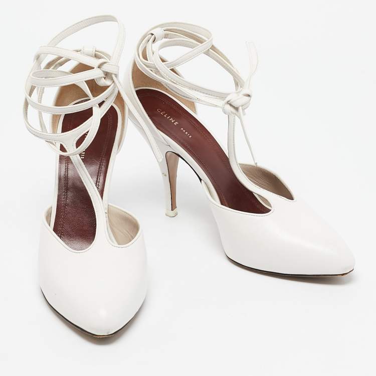 Pre Owned Celine White Leather Night Out T-Strap Ankle Wrap Pumps Size 36