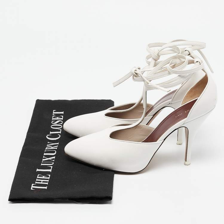 Pre Owned Celine White Leather Night Out T-Strap Ankle Wrap Pumps Size 36