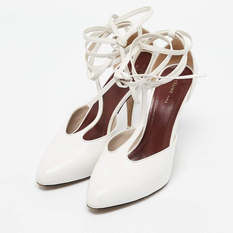 Pre Owned Celine White Leather Night Out T-Strap Ankle Wrap Pumps Size 36