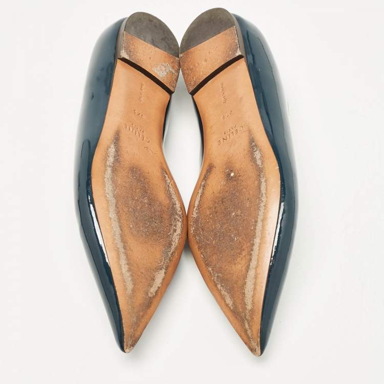 Pre Owned Celine Blue Patent Leather V neck Ballet Flats Size 37.5