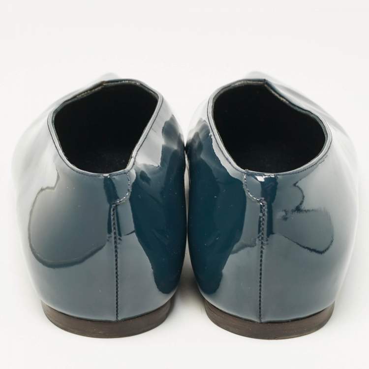 Pre Owned Celine Blue Patent Leather V neck Ballet Flats Size 37.5