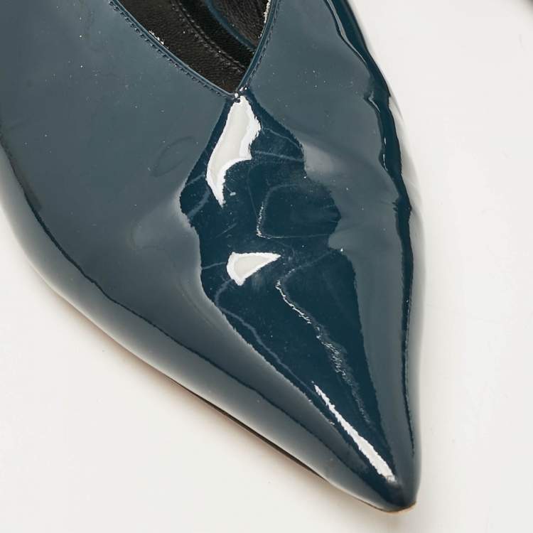 Pre Owned Celine Blue Patent Leather V neck Ballet Flats Size 37.5
