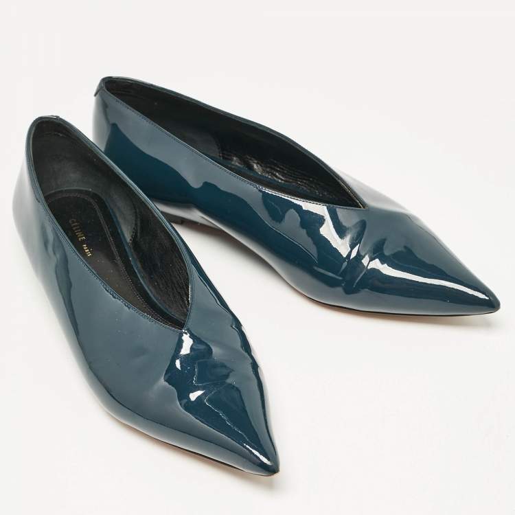 Pre Owned Celine Blue Patent Leather V neck Ballet Flats Size 37.5