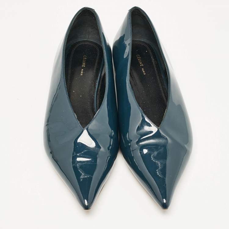 Pre Owned Celine Blue Patent Leather V neck Ballet Flats Size 37.5