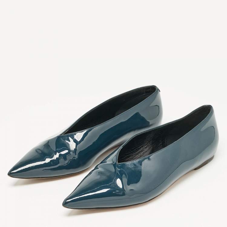Pre Owned Celine Blue Patent Leather V neck Ballet Flats Size 37.5