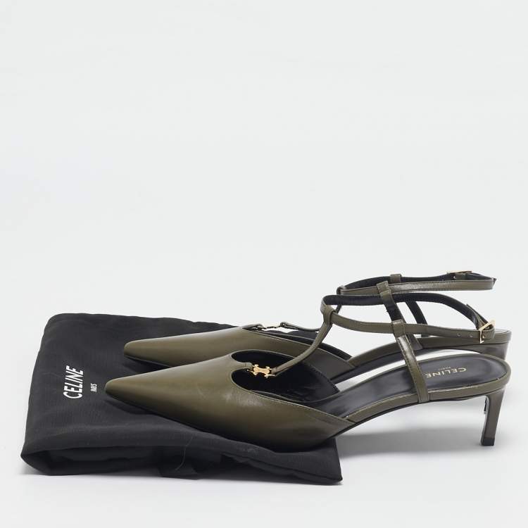 Pre Owned Celine Green Leather  Pointed Toe Ankle Strap Pumps Size 37