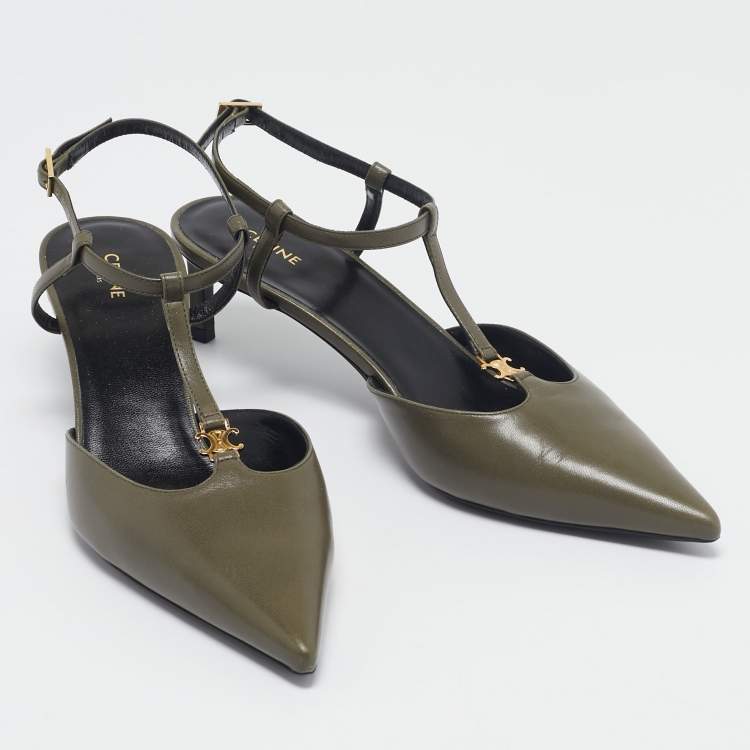 Pre Owned Celine Green Leather  Pointed Toe Ankle Strap Pumps Size 37