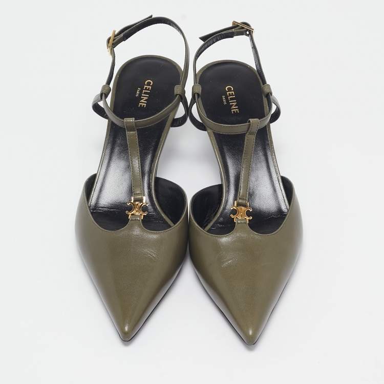 Pre Owned Celine Green Leather  Pointed Toe Ankle Strap Pumps Size 37
