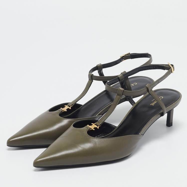Pre Owned Celine Green Leather  Pointed Toe Ankle Strap Pumps Size 37