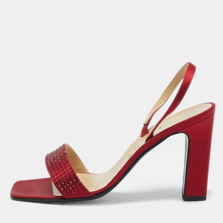 Pre Owned Celine Red Satin Crystal Embellished Slingback Sandals Size 37