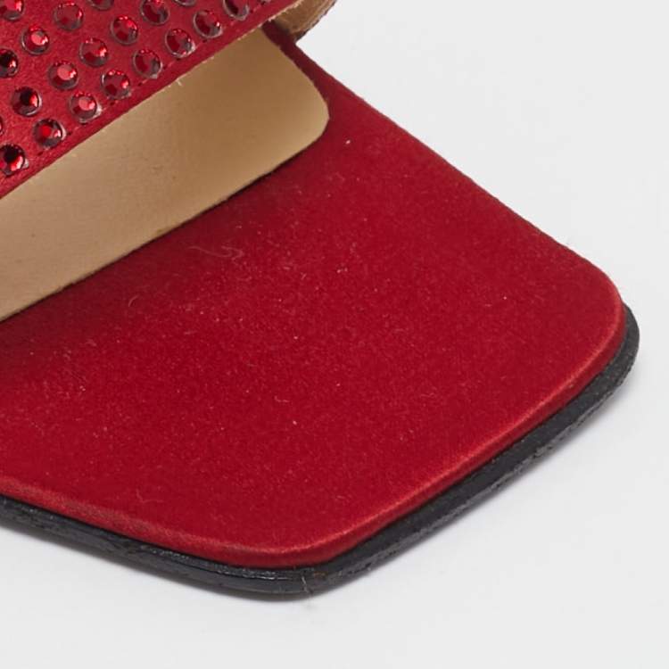 Pre Owned Celine Red Satin Crystal Embellished Slingback Sandals Size 37