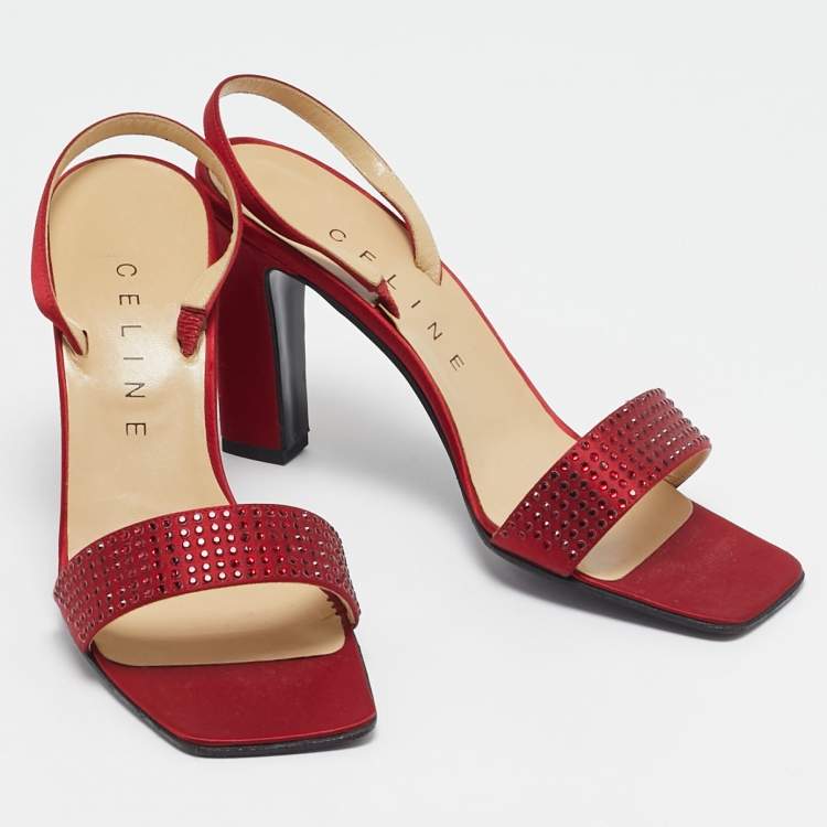 Pre Owned Celine Red Satin Crystal Embellished Slingback Sandals Size 37
