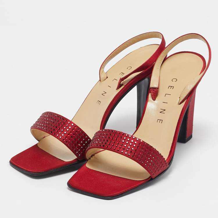 Pre Owned Celine Red Satin Crystal Embellished Slingback Sandals Size 37