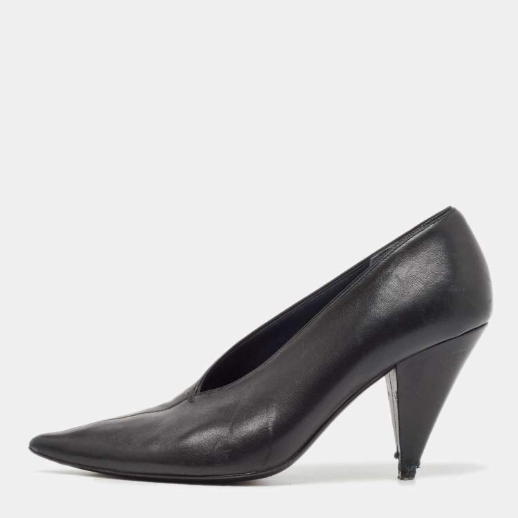 Pre Owned Celine Black Leather V Cut Pointed Toe Pumps Size 39