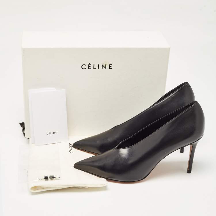 Pre Owned Celine Black Leather V Neck Pumps Size 37.5