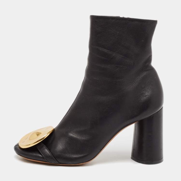 Pre Owned Celine Black Leather Crystal Embellished Ankle Length Boots Size 38.5