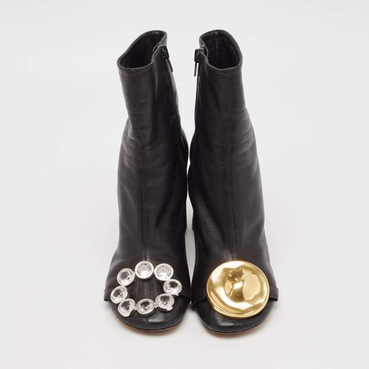 Pre Owned Celine Black Leather Crystal Embellished Ankle Length Boots Size 38.5