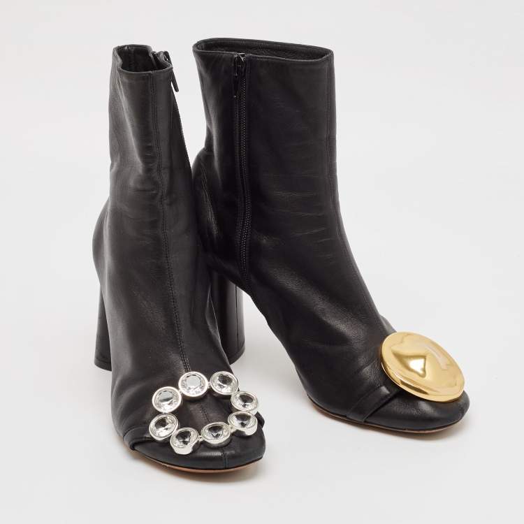 Pre Owned Celine Black Leather Crystal Embellished Ankle Length Boots Size 38.5