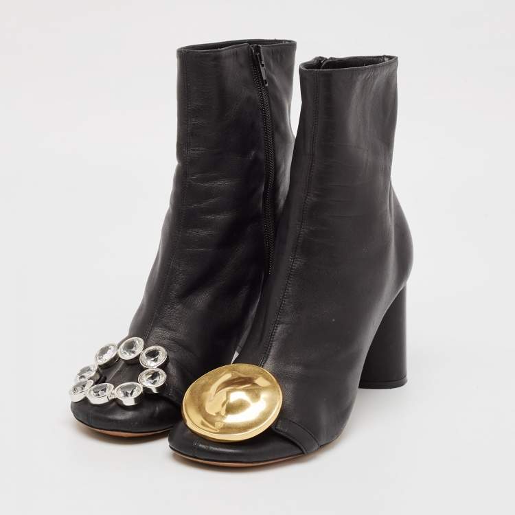Pre Owned Celine Black Leather Crystal Embellished Ankle Length Boots Size 38.5