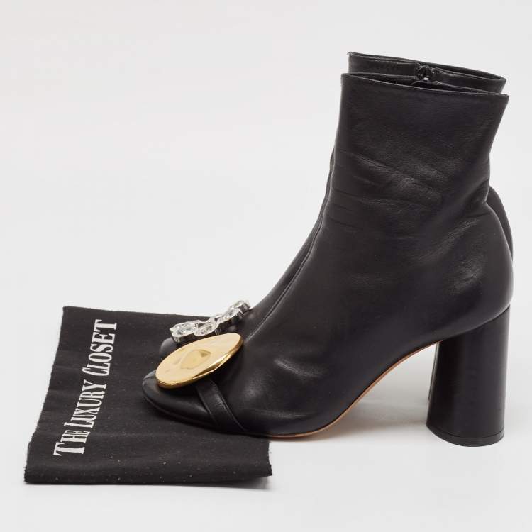 Pre Owned Celine Black Leather Crystal Embellished Ankle Length Boots Size 38.5