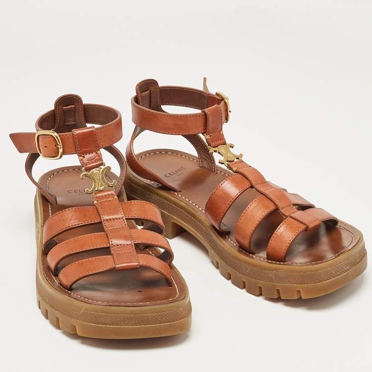 Pre Owned Celine Brown Leather Triomphe Flat Sandals Size 37