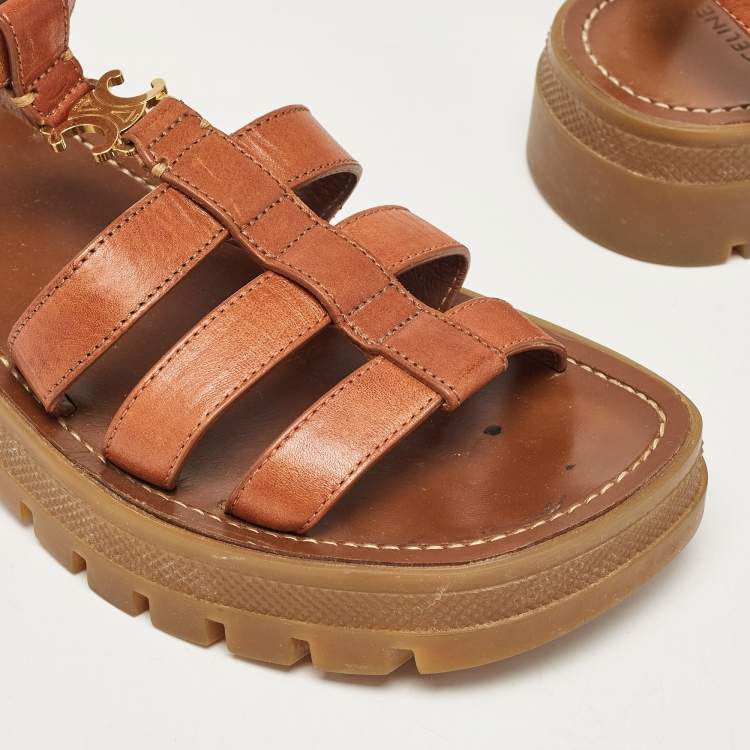 Pre Owned Celine Brown Leather Triomphe Flat Sandals Size 37