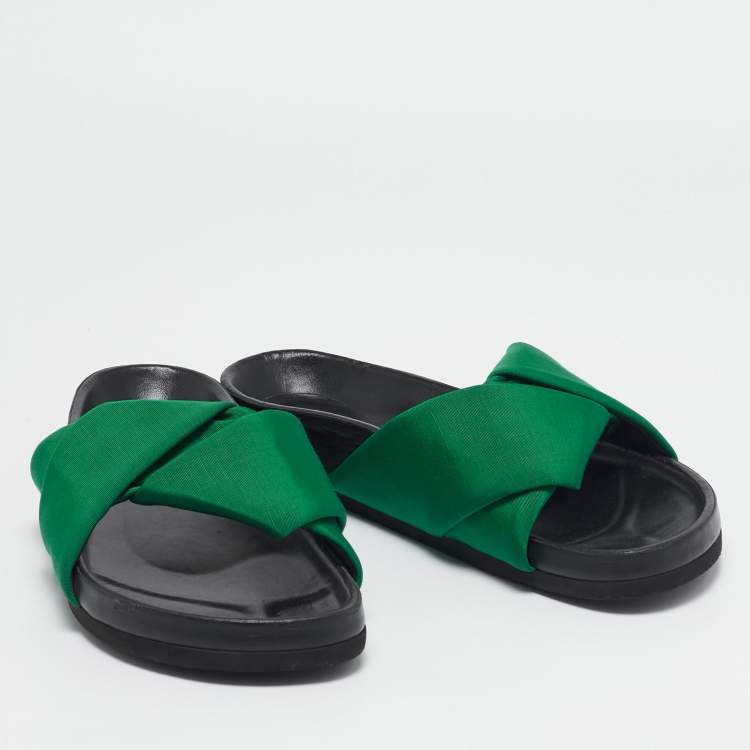 Pre Owned Celine Green Canvas Crisscross Flat Slide Size 40