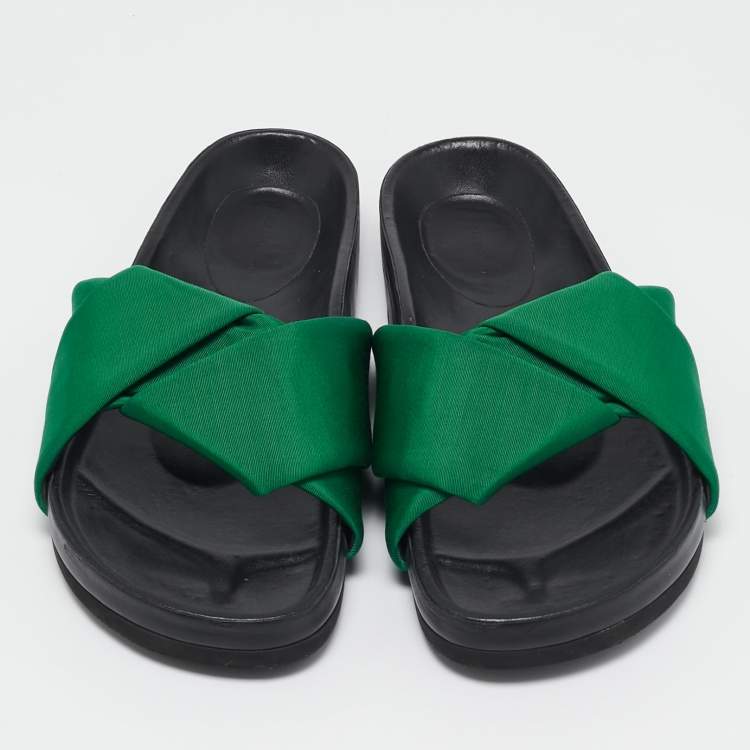 Pre Owned Celine Green Canvas Crisscross Flat Slide Size 40
