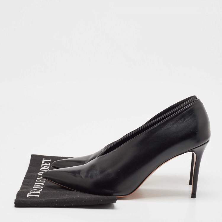 Pre Owned Celine Black Leather V Neck Pumps Size 41