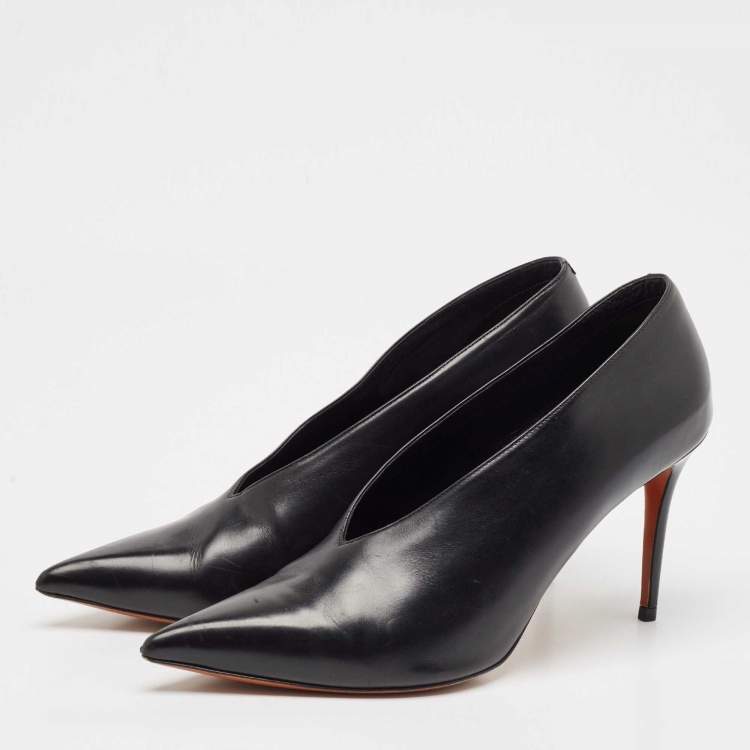 Pre Owned Celine Black Leather V Neck Pumps Size 41