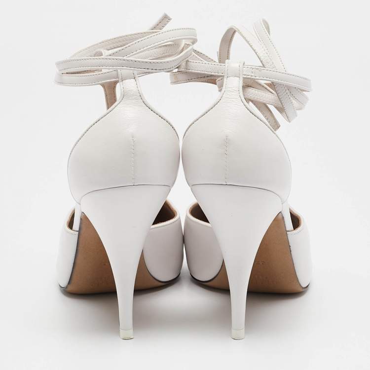 Pre Owned Celine White Leather Night Out T-Strap Ankle Wrap Sandals Size 37.5