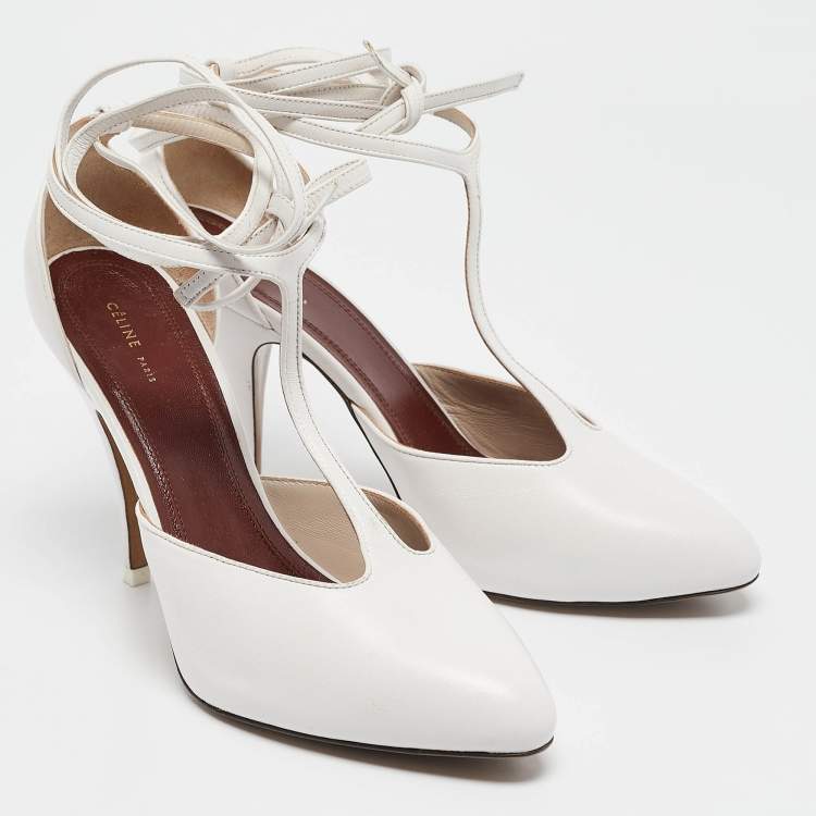 Pre Owned Celine White Leather Night Out T-Strap Ankle Wrap Sandals Size 37.5
