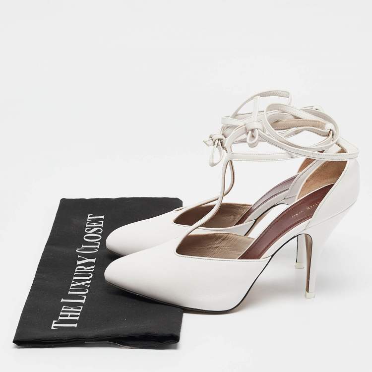 Pre Owned Celine White Leather Night Out T-Strap Ankle Wrap Sandals Size 37.5