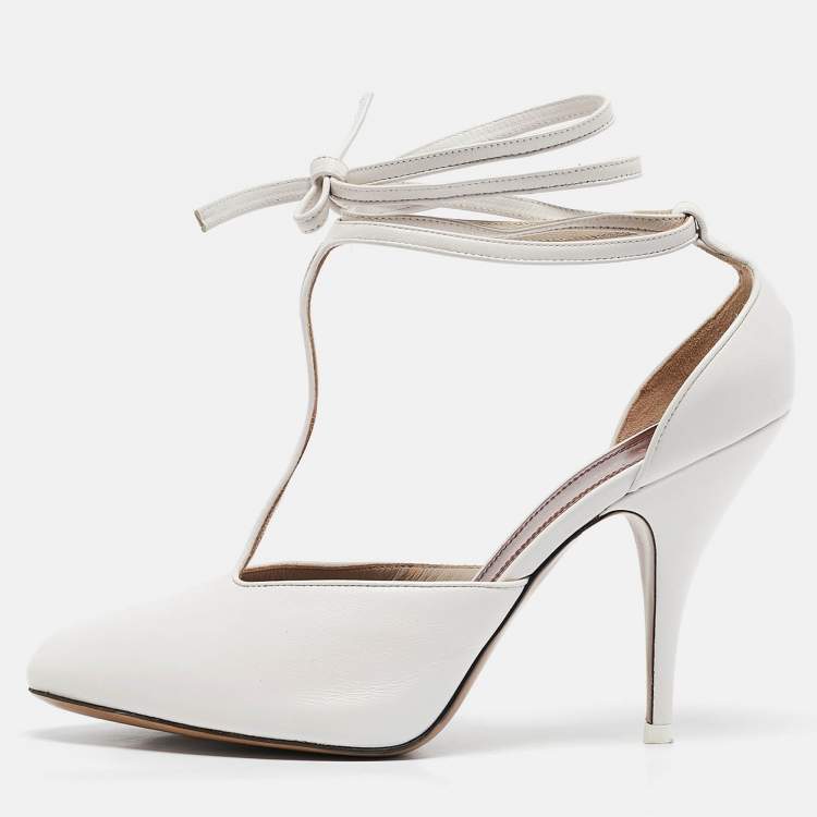 Pre Owned Celine White Leather Night Out T-Strap Ankle Wrap Sandals Size 37.5