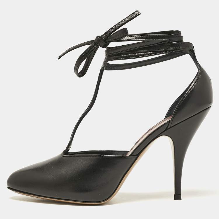 Pre Owned Celine Black Leather Ankle Wrap Pumps Size 37.5