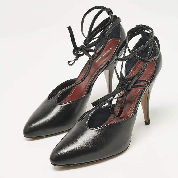 Pre Owned Celine Black Leather Ankle Wrap Pumps Size 37.5