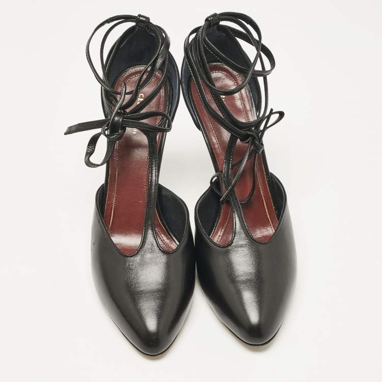 Pre Owned Celine Black Leather Ankle Wrap Pumps Size 37.5