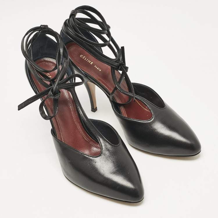 Pre Owned Celine Black Leather Ankle Wrap Pumps Size 37.5