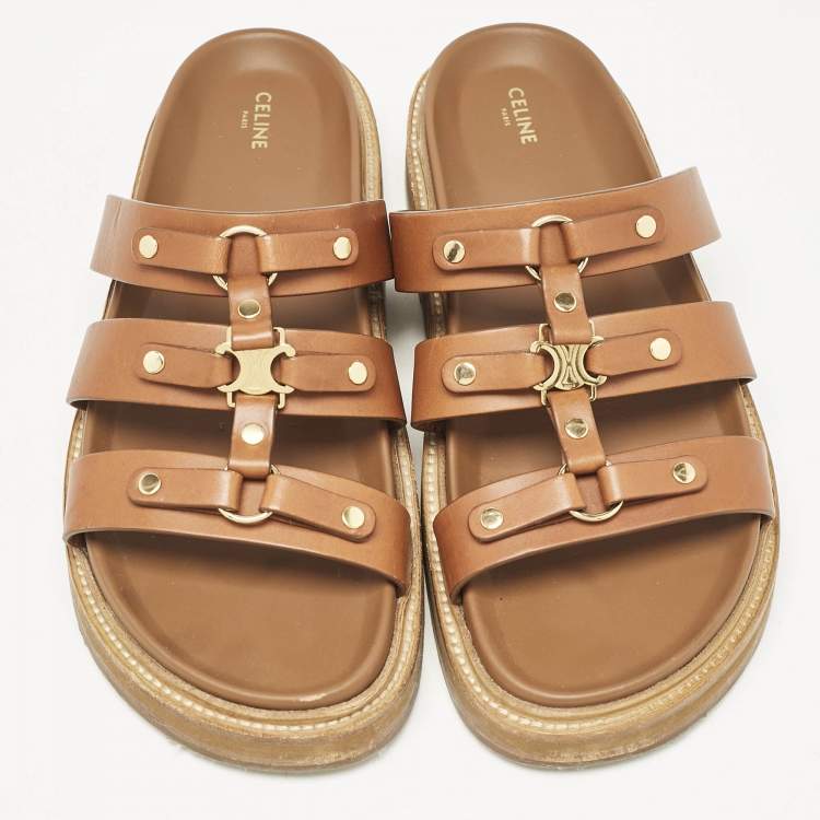 مملوكة مسبقًا Celine Brown Leather Studded Tippi Slide Sandals Size 39