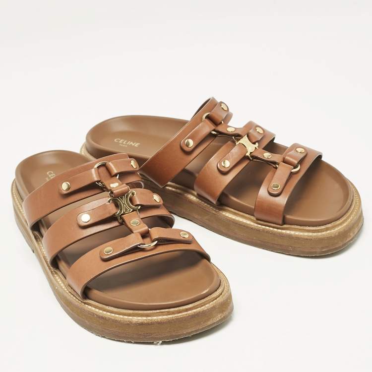 مملوكة مسبقًا Celine Brown Leather Studded Tippi Slide Sandals Size 39