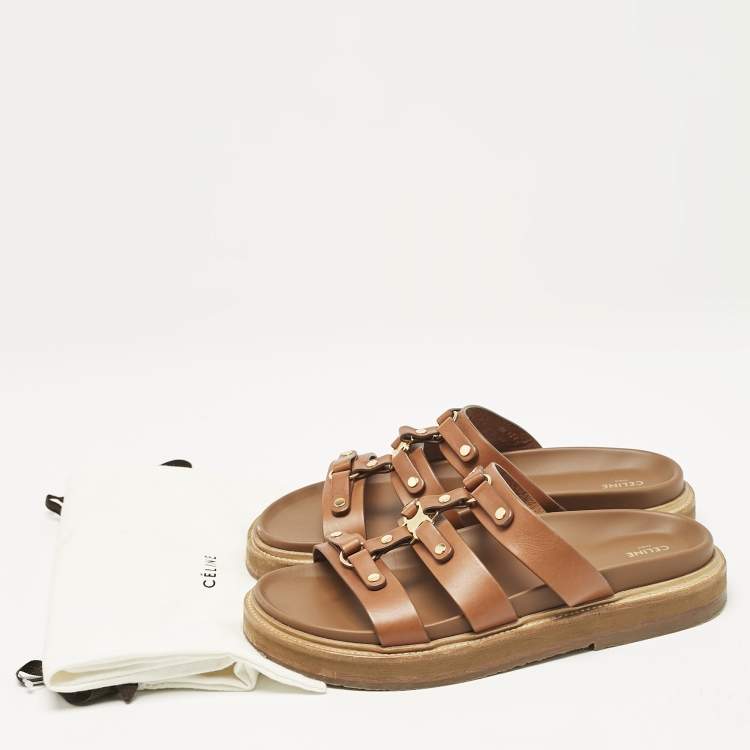 مملوكة مسبقًا Celine Brown Leather Studded Tippi Slide Sandals Size 39