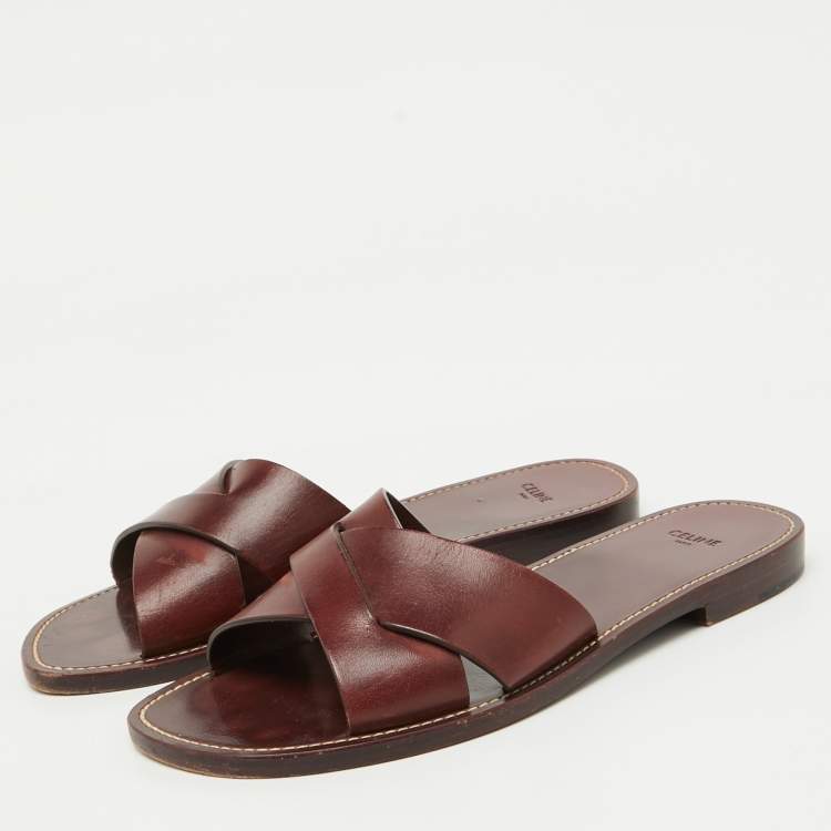 Pre Owned Celine Burgundy Leather Flat Slide Sandals Size 40