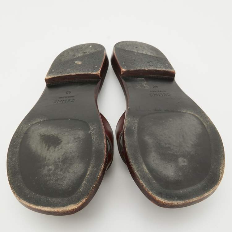 Pre Owned Celine Burgundy Leather Flat Slide Sandals Size 40