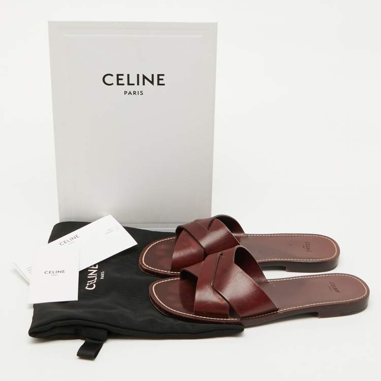 Pre Owned Celine Burgundy Leather Flat Slide Sandals Size 40