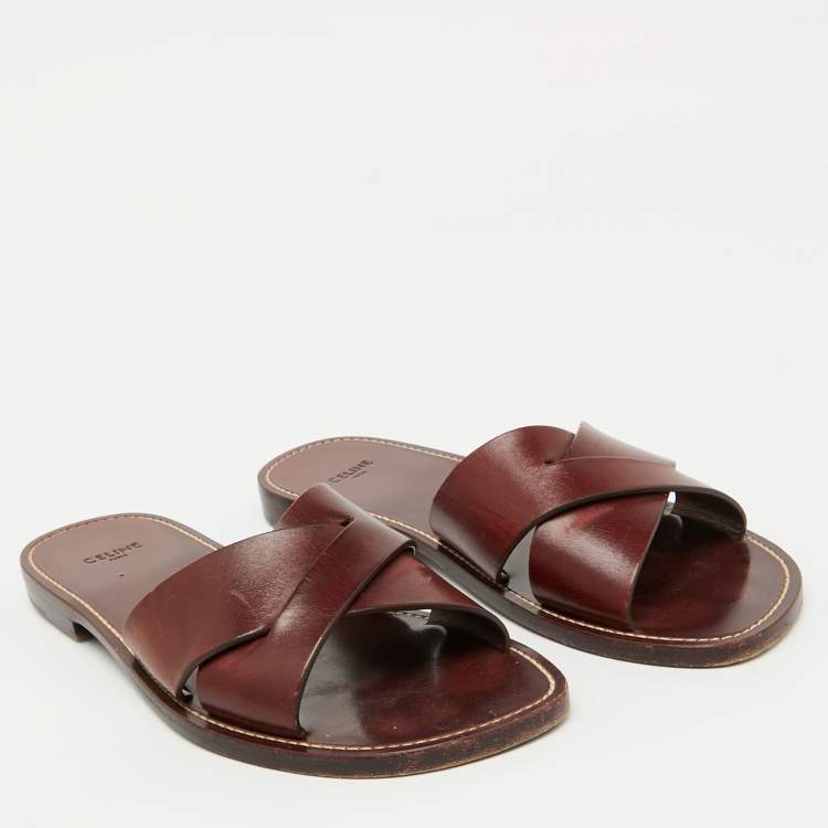 Pre Owned Celine Burgundy Leather Flat Slide Sandals Size 40