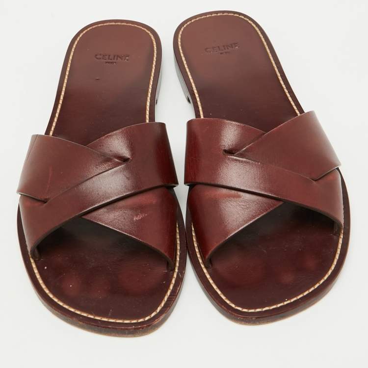 Pre Owned Celine Burgundy Leather Flat Slide Sandals Size 40